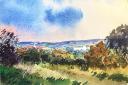 A watercolour by James K Nairne: Winchester Cathedral from Compton Down