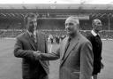 File photo dated 10-08-1974 of Leeds United Manager Brian Clough (left) shakes hands with Liverpool Manager Bill Shankly before the kick off