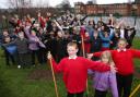 Pupils and teachers from Tanners Brook Junior School at the site of their proposed garden.   	Echo picture by Paul Collins. Order no: 10113232