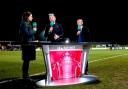 ITV Sport pundits Seema Jaswal, Lee Hendrie (centre) and Robert Earnshaw during the Emirates FA Cup first round match at DCS Stadium, Stratford. Picture date: Sunday November 7, 2021.