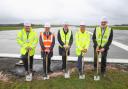 Steve Szalay, operations director at Southampton Airport, James Hindes, managing director of VolkerFitzpatrick, Eastleigh MP Paul Holmes, Councillor Keith House, Leader of Eastleigh Borough Council, and Steve Thurston break ground for the runway