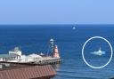 Dorset Belle (circled) returning to Bournemouth Pier amid beach incident.