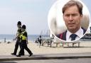 Tobias Ellwood, inset, and a general view of Bournemouth beach