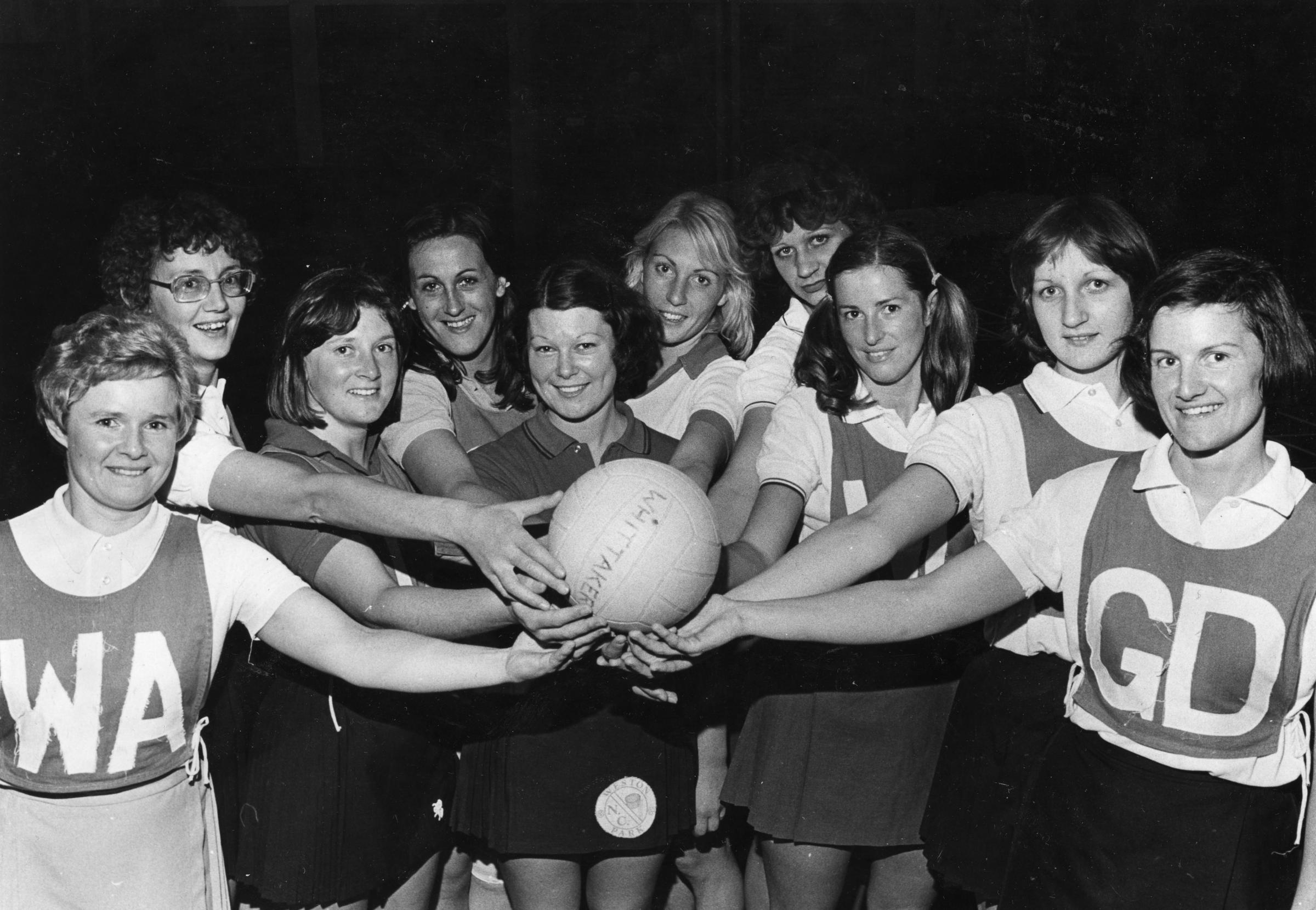 Netball 1977. Front: Sue Willard, Gwyn Foster, Gill Smith, Chris Grimes. Sue Sheraton, Marilyn Flook, Lucia Pryde, Carol Brennan, Sue Grey and Sue Perkins..