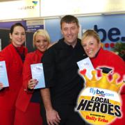 AIMING HIGH: Matt Le Tissier with Flybe flight attendants Sarm Heslop, Claire Carter and Victoria Seekings.	 	Echo picture by Paul Collins. Order no: 9952698