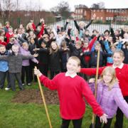 GROWING CONCERN: Pupils and teachers from Tanners Brook Junior School at the site of their proposed garden.   	Echo picture by Paul Collins. Order no: 10113232