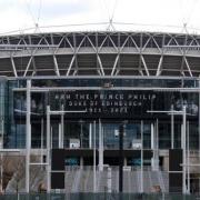 A tribute to the Duke of Edinburgh, on display at Wembley Stadium, following the announcement of his death at the age of 99. Picture date: Friday April 9, 2021.