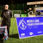 Presentation of the Wessex League Premier Division trophy to Hamworthy United after their game with Baffins Milton Rovers on Tue 12th April 2022 at The County Ground, Hamworthy, Dorset. Photo: Ian Middlebrook.