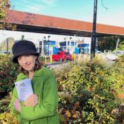 Ali Sparkes at the Itchen Bridge tollbooth with her radio play manuscript
