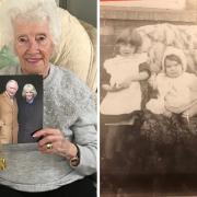 Violet Osborne is 100! She's pictured with her birthday card from The King and as a toddler (on the chair) with her sister Lily