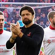 Saints manager Russell Martin and defenders Taylor Harwood-Bellis and Jack Stephens