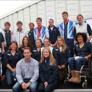 Ben Ainslie with fellow Olympians and boat show sponsor Jo Dixie of PSP.