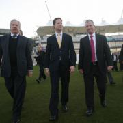 Nick Clegg with by-election candidate Mike Thornton, right, and Ageas Bowl chairman Rod Bransgrove, left, at the ground
