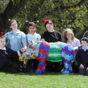 Pupils at Great Oak School in Bassett with Jules Rhinestone the sparkly rhino.