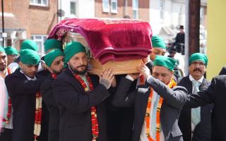 Pritam Kaur's grandchildren carrying her casket at her funeral in Southampton