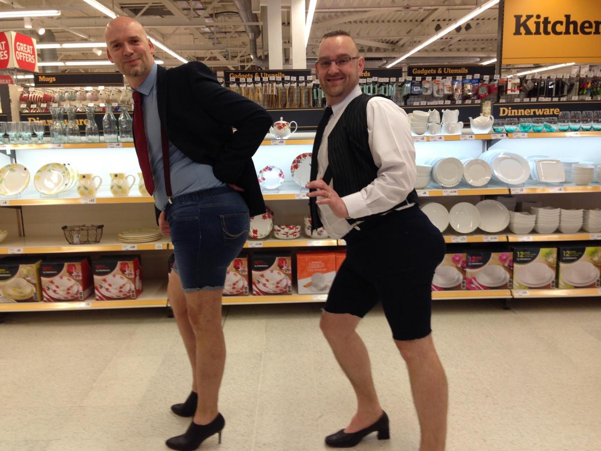 Sainsbury's Lordshill's Russell Oakley and Darren Golden doing something funny for money in aid of Comic Relief