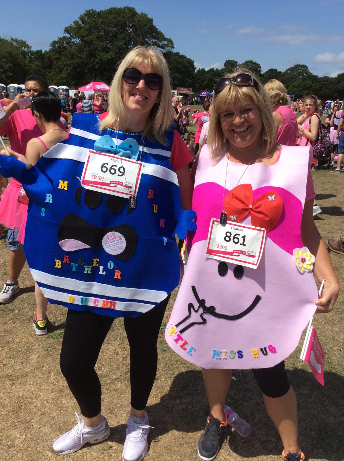 Marie Batchelor and Heather Weaver lunchtime supervisors (dinner ladies) from St Monica's Primary School, Sholing at Race for Life.