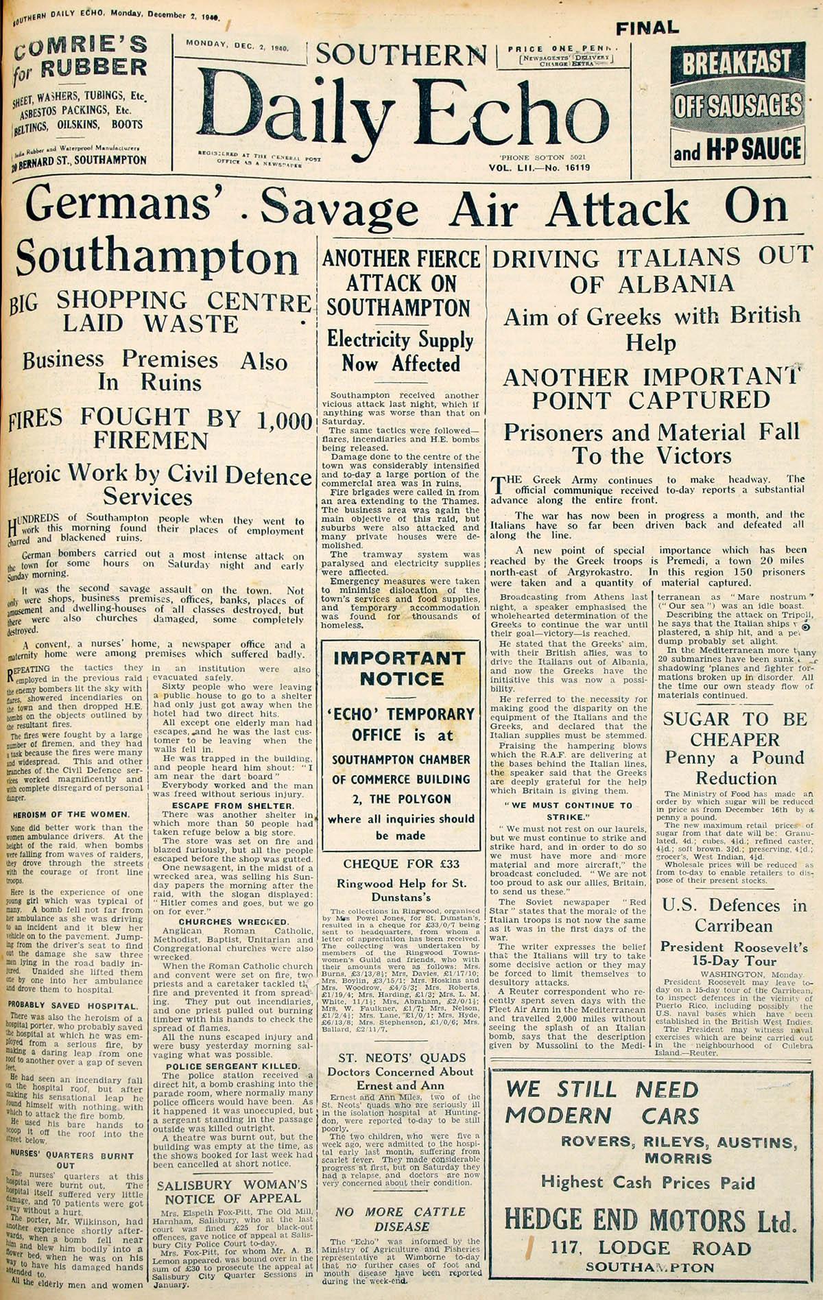 The Daily Echo front page following the Southampton Blitz.