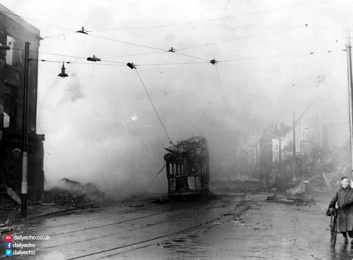 A burnt out tram during the Southampton Blitz
