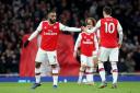 Alexandre Lacazette celebrates his first goal for Arsenal