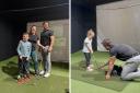 Golf simulator, Eddie Morton, 7, Kimberley Barber and Gregg Hood, with right Rosanna Morton, five, about to take a swing