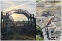 Contrasting fortunes for the Heaton Lodge footbridge (left) and the new Ravensthorpe roadbridge (right)