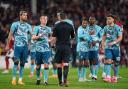 Southampton players appeal to referee Michael Oliver against a penalty decision