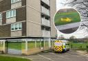 Police at Millbrook Towers and inset of Air Ambulance