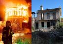 The fire at Anglesey Lodge in Gosport in November 2020, and the building as it was in 2022.