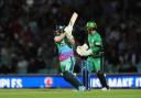 LONDON, ENGLAND - AUGUST 08: Jordan Cox of Oval Invincibles plays a shot as Alex Davies of Southern Brave keeps during The Hundred match between Oval Invincibles Men v Southern Brave Men at The Kia Oval on August 08, 2024 in London, England. (Photo by