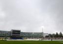 A general view as rain delays play during The Hundred match between Southern Brave Men and Welsh Fire Men