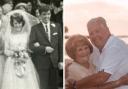 Carole and Barry on their wedding day 60 years ago and today