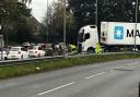 The lorry has become stuck in the central reservation at Rushington roundabout in Totton