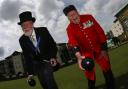 Knights of the green and the Chelsea Pensioners bowling at Southamptom Old Bowling Green , the world oldest bowling green - Master of the Green Sir John Pheasant and Chelsea Pensioners captain Tom Beardsley share a joke before the game