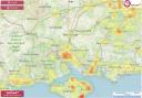 A heatmap showing the areas of Hampshire worst affected by Japanese knotweed