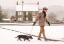 A man walks his dog in fresh snow in the village of Goathland, North York Moors National Park (/PA)