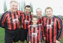 (L-R) DAVE MERRINGTON, FRANCIS BENALI, ROGER FRAPWELL, ALAN BALL. PICTURED IN FRONT STEPHEN FRAPWELL. FUNDRAISING FOOTBALL MATCH WITH TESTWOOD BAPTIST CHURCH TEAM AND OTHERS. TO MARK ROGER FRAPWELL'S DEPARTURE.