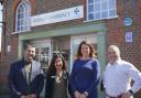 Caroline Nokes MP outside Romsey Pharmacy, with renowned pharmacist Sultan Sid Dajani, superintendent pharmacy Mita Thakrar and her colleague