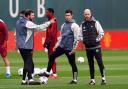 Former Manchester United manager Erik ten Hag with first team coach Eric Ramsay and fitness coach Charlie Owen