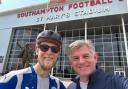 Matt Jopson, left, celebrating reaching St Mary's Stadium with a holidaymaker, right.