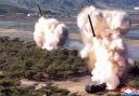 Photo provided by the North Korean government showing what it says a drill of long-range artillery and missile systems at North Korea’s eastern coast (Korean Central News Agency/Korea News Service/AP)