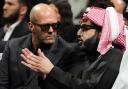 Turki Al-Sheikh speaking with actor Jason Statham (left) at the Kingdom Arena in Riyadh, Saudi Arabia.