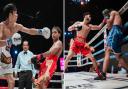 Vijayraj Karia dodging a punch from his opponent, in the left photo, and Yuvraj Karia delivering a punch, in the right photo.