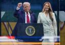 President Donald Trump and first lady Melania Trump attend a military parade commemorating the Army’s 250th anniversary, coinciding with his 79th birthday in Washington (Julia Demaree Nikhinson/AP)