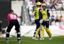 Hampshire batters Freya Kemp and Georgia Adams celebrate their last over victory over Somerset in the Women's Vitality Blast