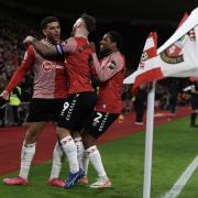 Saints celebrate the second goal during their win over Plymouth Argyle.