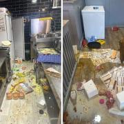 Damage done to the kitchen (left) and behind the counter