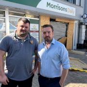 Geoff Cooper with Morrisons store manager after the fourth ram-raid in six months