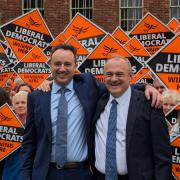 Danny Chambers (left) and Sir Ed Davey at the Lib Dem rally in Winchester