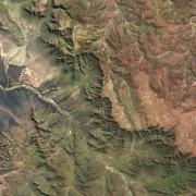 Satellite image of the Great Escarpment in southern Africa from the Sentinel Hub Earth Observation Browser.